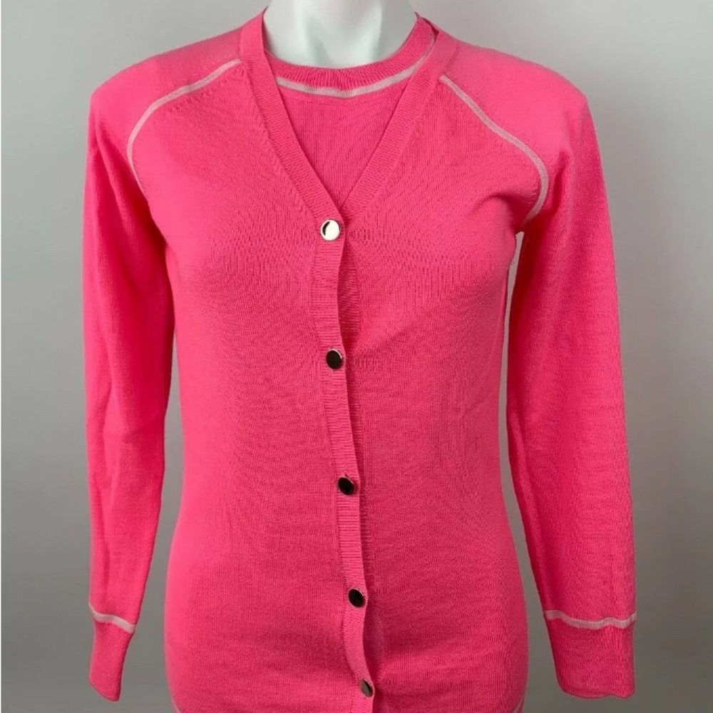 ST. JOHN Neon Pink Tipped Wool Cardigan Twinset Sweater Set